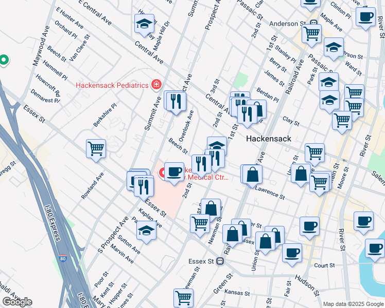 map of restaurants, bars, coffee shops, grocery stores, and more near 276 Beech Street in Hackensack