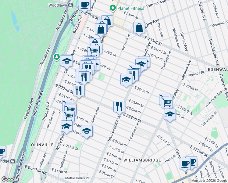 map of restaurants, bars, coffee shops, grocery stores, and more near 832 East 224th Street in The Bronx