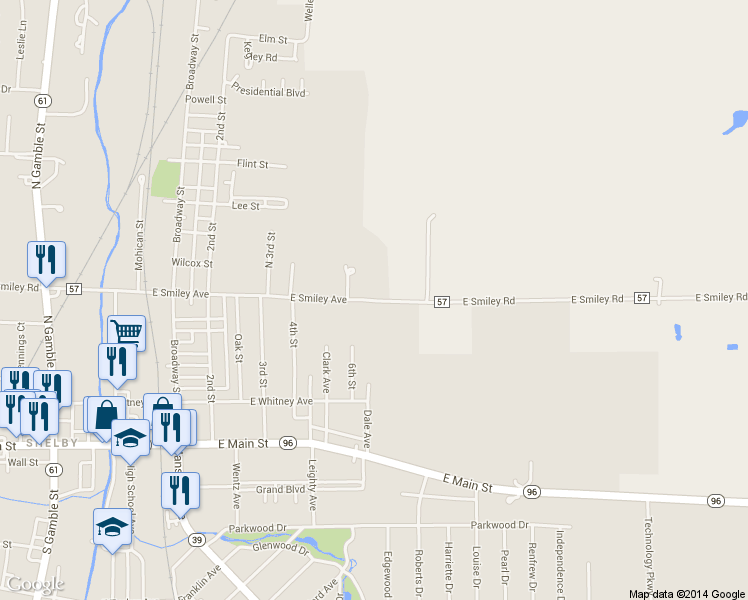 map of restaurants, bars, coffee shops, grocery stores, and more near 2661 E Smiley Ave in Shelby