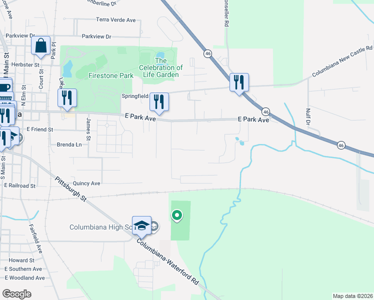 map of restaurants, bars, coffee shops, grocery stores, and more near 27 Eldon Court in Columbiana