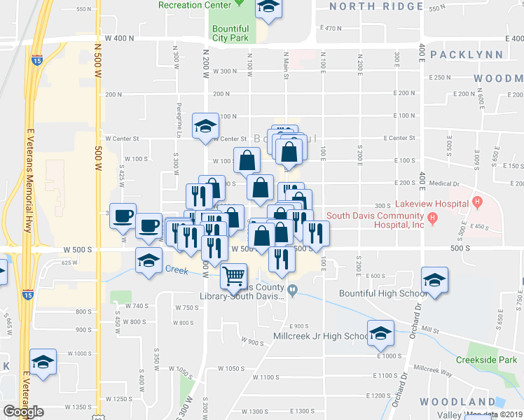 map of restaurants, bars, coffee shops, grocery stores, and more near 52 400 South in Bountiful