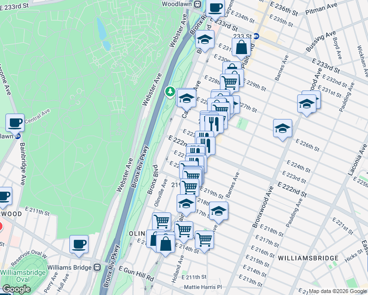 map of restaurants, bars, coffee shops, grocery stores, and more near 669 East 221st Street in The Bronx