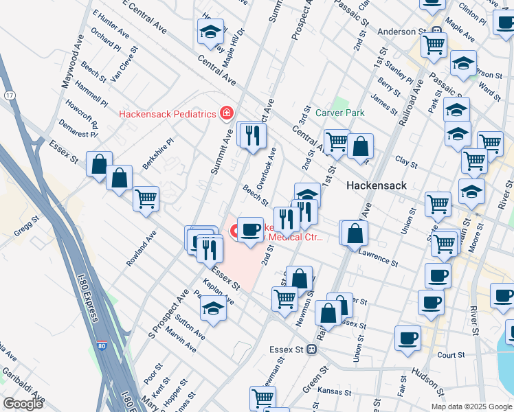 map of restaurants, bars, coffee shops, grocery stores, and more near 301 Beech Street in Hackensack