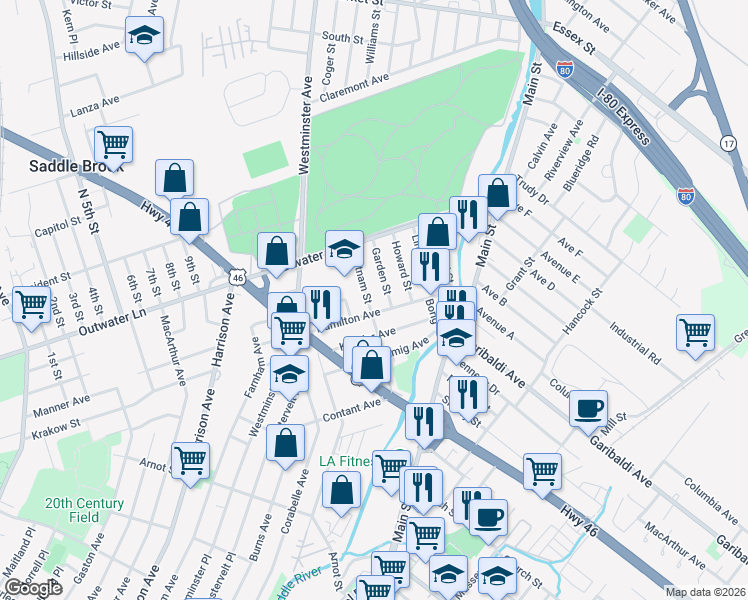 map of restaurants, bars, coffee shops, grocery stores, and more near 93 Hamilton Avenue in Lodi