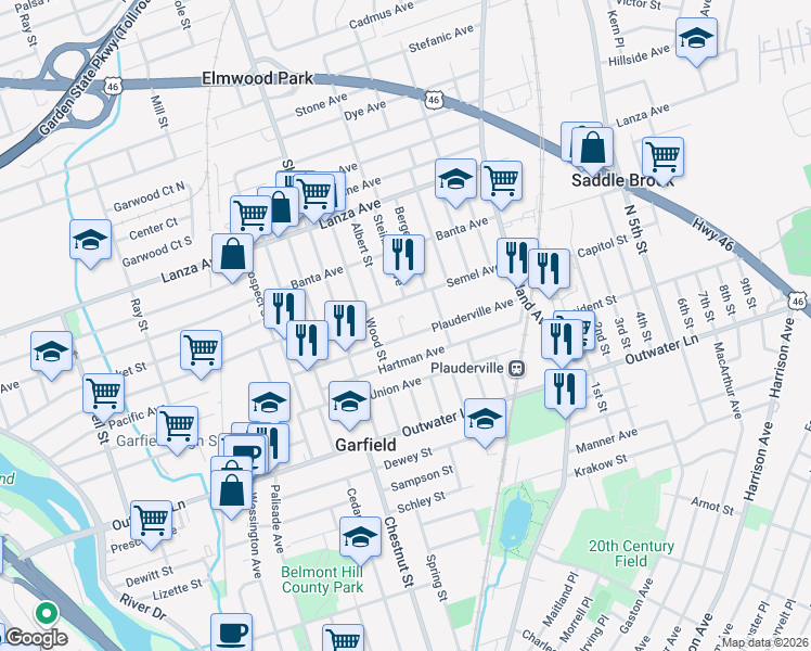 map of restaurants, bars, coffee shops, grocery stores, and more near 88 Plauderville Avenue in Garfield