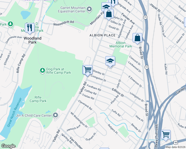 map of restaurants, bars, coffee shops, grocery stores, and more near 383 Valley Road in Clifton