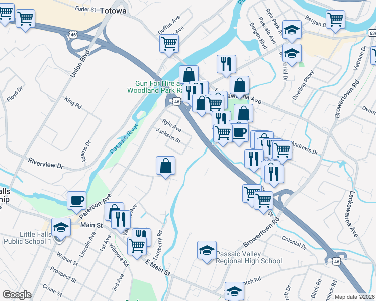 map of restaurants, bars, coffee shops, grocery stores, and more near 41 Cedar Street in Little Falls