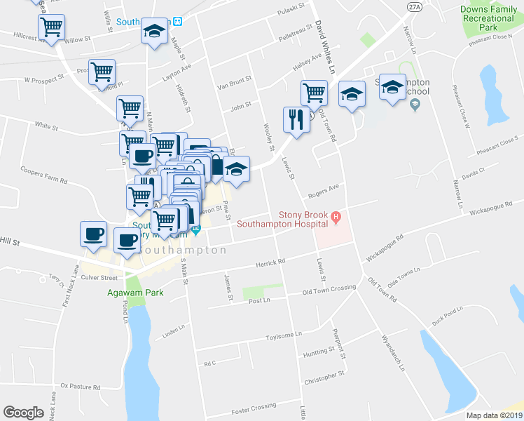 map of restaurants, bars, coffee shops, grocery stores, and more near 69 Little Plains Road in Southampton