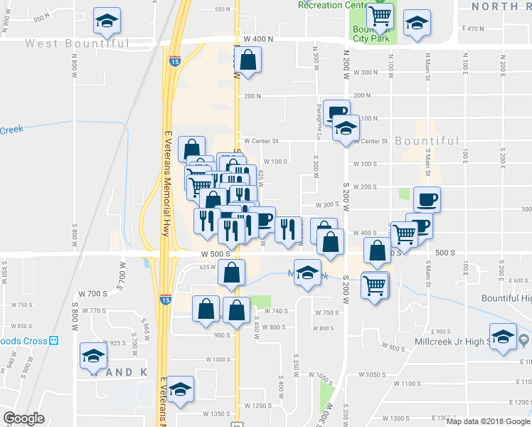 map of restaurants, bars, coffee shops, grocery stores, and more near 420 325 South in Bountiful