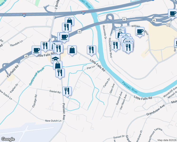 map of restaurants, bars, coffee shops, grocery stores, and more near 84 Pier Lane in Fairfield