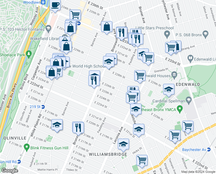 map of restaurants, bars, coffee shops, grocery stores, and more near 930 East 226th Street in Bronx