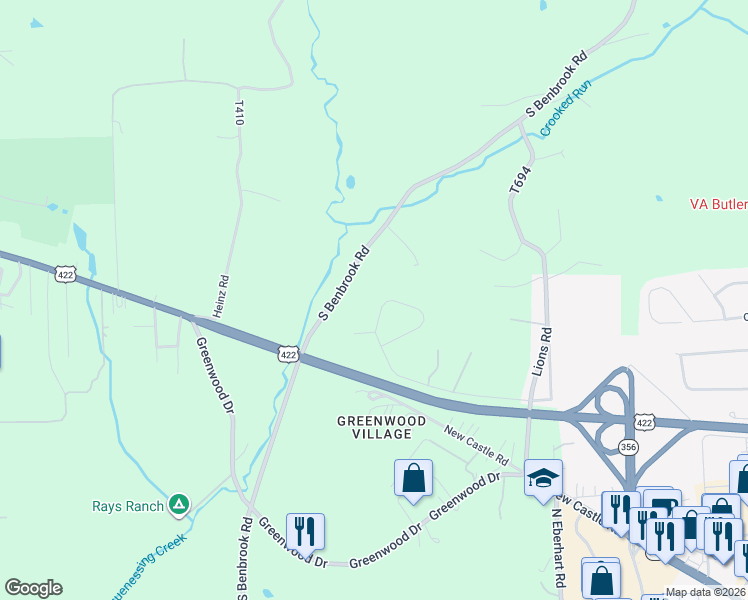map of restaurants, bars, coffee shops, grocery stores, and more near 201 Wyncrest Drive in Butler