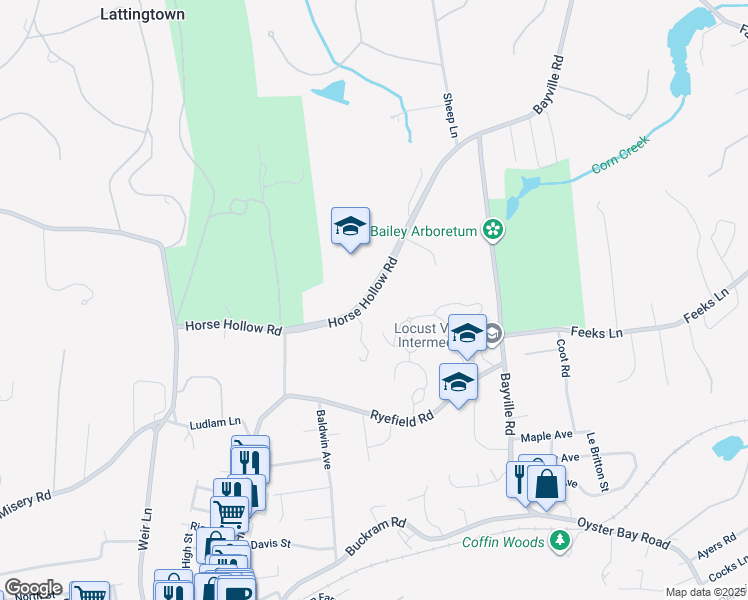 map of restaurants, bars, coffee shops, grocery stores, and more near 34 Horse Hollow Court in Locust Valley