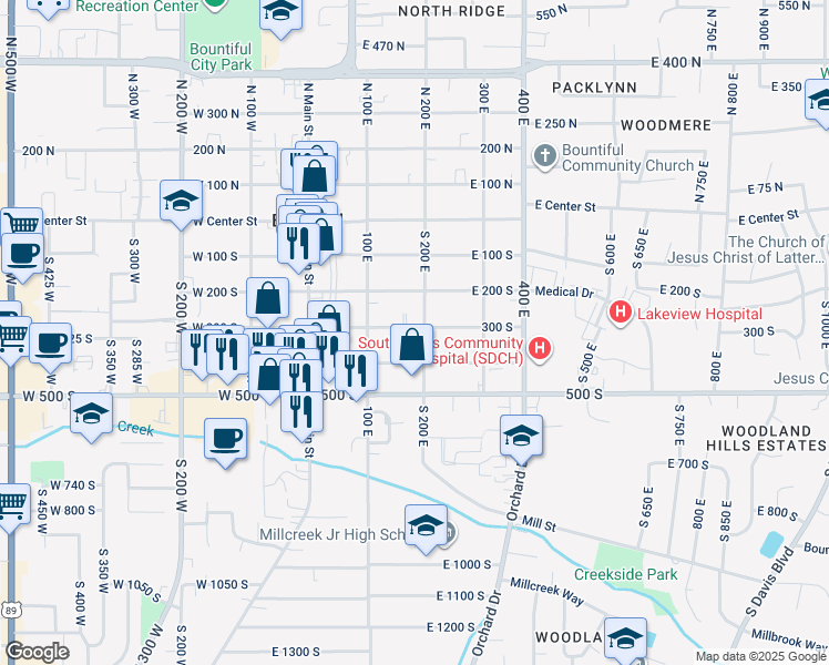 map of restaurants, bars, coffee shops, grocery stores, and more near 373 South 200 East in Bountiful
