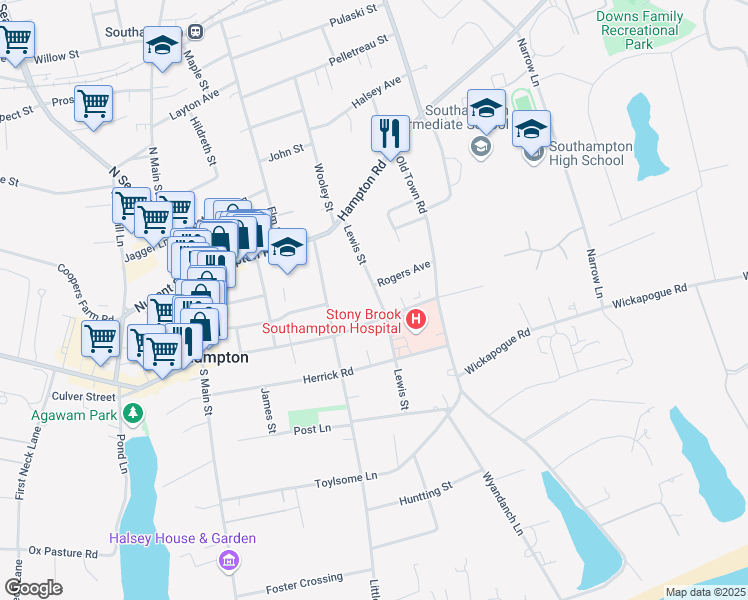 map of restaurants, bars, coffee shops, grocery stores, and more near 193 Meeting House Lane in Southampton