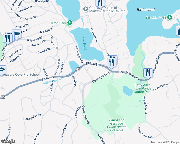 map of restaurants, bars, coffee shops, grocery stores, and more near 7 Centershore Road in Centerport