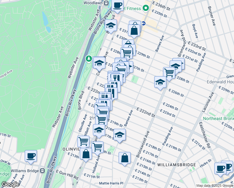 map of restaurants, bars, coffee shops, grocery stores, and more near in The Bronx