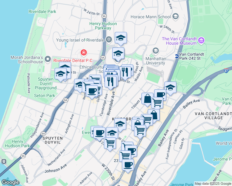 map of restaurants, bars, coffee shops, grocery stores, and more near 3585 Greystone Avenue in Bronx