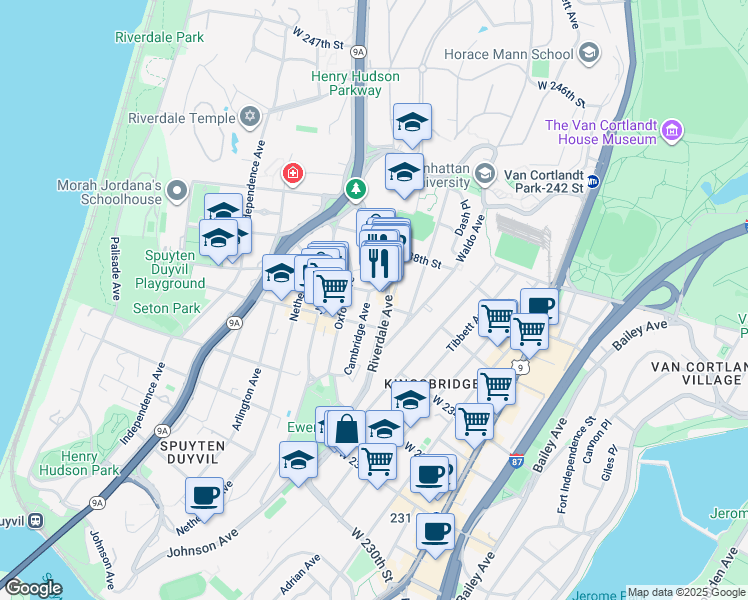map of restaurants, bars, coffee shops, grocery stores, and more near 3501 Cambridge Avenue in Bronx