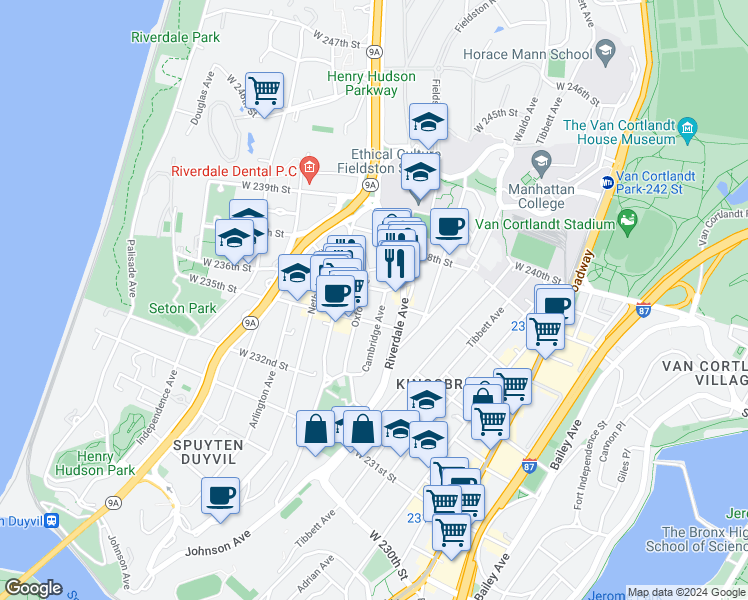 map of restaurants, bars, coffee shops, grocery stores, and more near 3501 Cambridge Avenue in Bronx