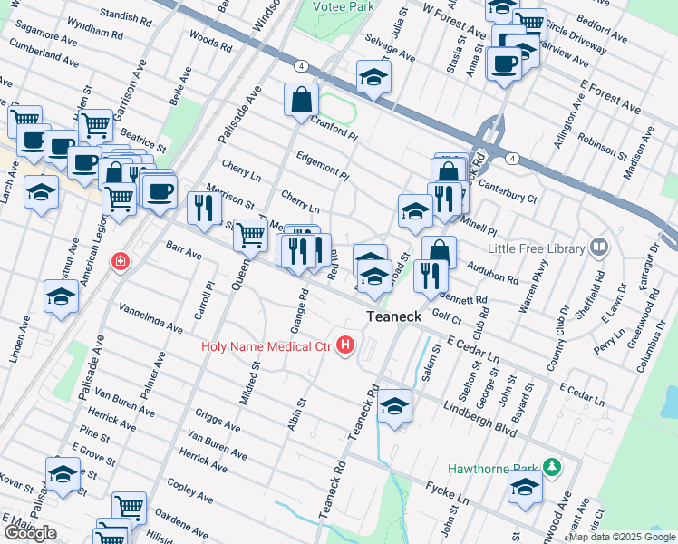 map of restaurants, bars, coffee shops, grocery stores, and more near 121 Cedar Lane in Teaneck