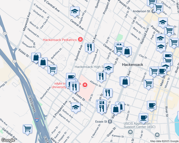 map of restaurants, bars, coffee shops, grocery stores, and more near 2ND State Street in Hackensack