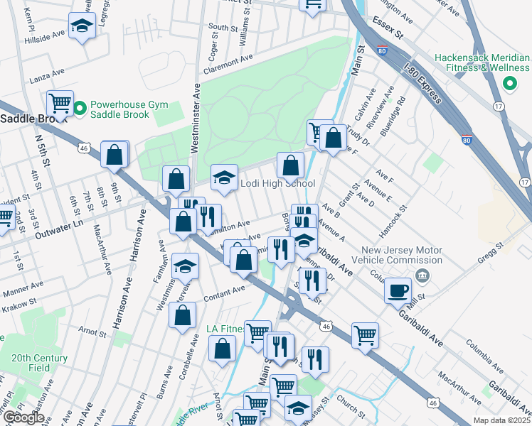 map of restaurants, bars, coffee shops, grocery stores, and more near 122 Hamilton Avenue in Lodi