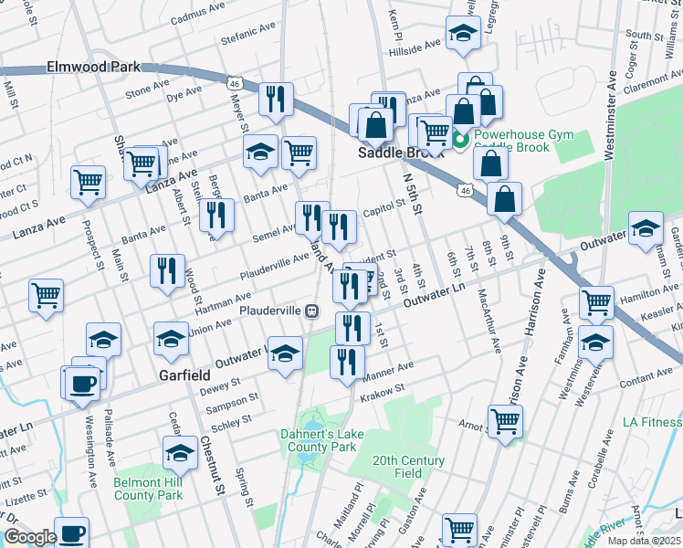 map of restaurants, bars, coffee shops, grocery stores, and more near in Saddle Brook