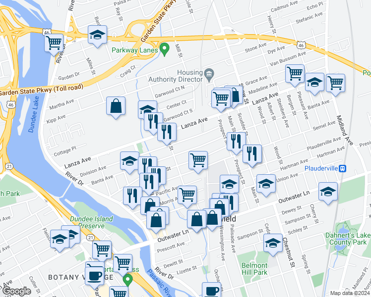 map of restaurants, bars, coffee shops, grocery stores, and more near 143 Market Street in Garfield