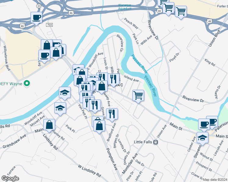 map of restaurants, bars, coffee shops, grocery stores, and more near 409 Main Street in Little Falls