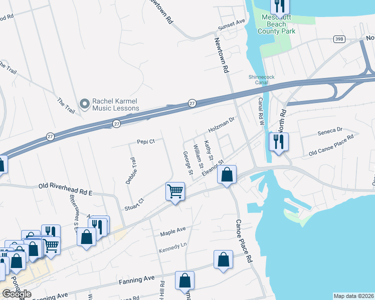 map of restaurants, bars, coffee shops, grocery stores, and more near 12 George Street in Hampton Bays