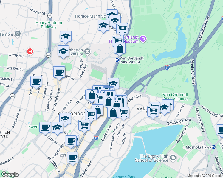 map of restaurants, bars, coffee shops, grocery stores, and more near 3857 Review Place in The Bronx