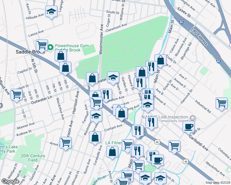 map of restaurants, bars, coffee shops, grocery stores, and more near 93 Hamilton Avenue in Lodi