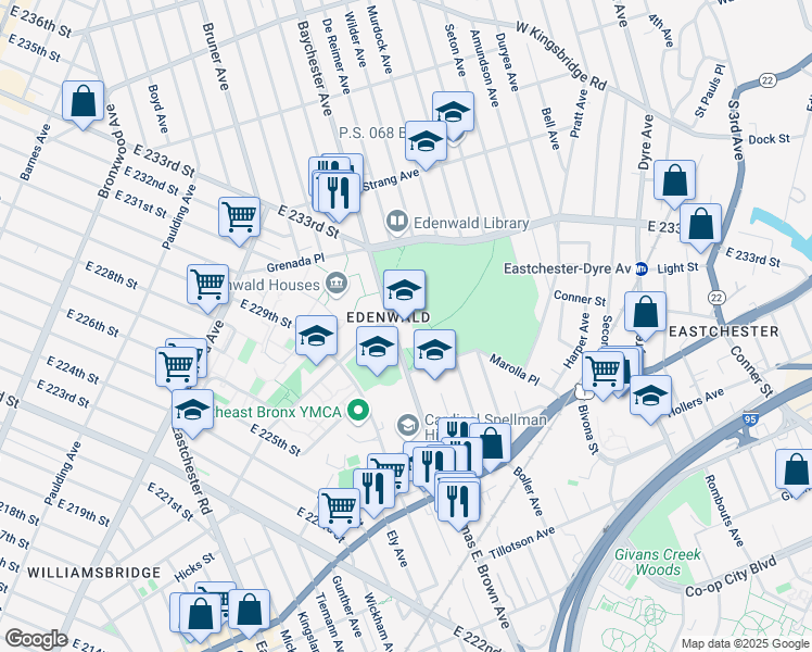 map of restaurants, bars, coffee shops, grocery stores, and more near 3750 Baychester Avenue in Bronx