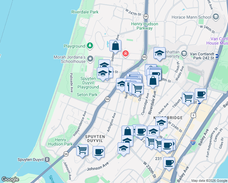 map of restaurants, bars, coffee shops, grocery stores, and more near 3346 Henry Hudson Pkwy in Bronx