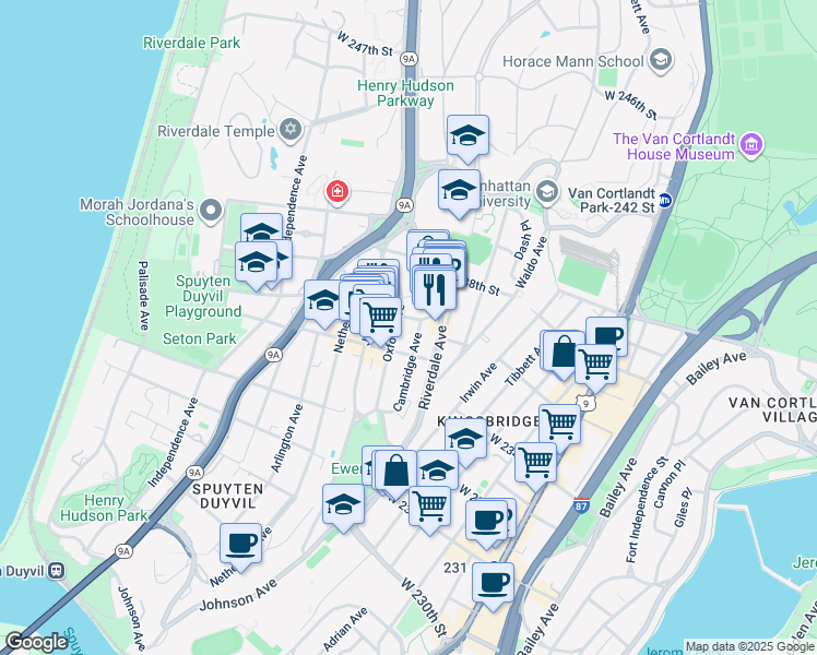 map of restaurants, bars, coffee shops, grocery stores, and more near 530 West 236th Street in The Bronx