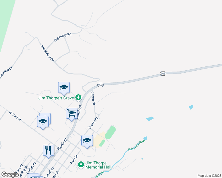 map of restaurants, bars, coffee shops, grocery stores, and more near Reservoir Rd in Jim Thorpe