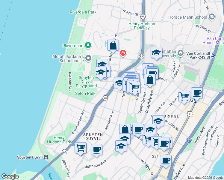 map of restaurants, bars, coffee shops, grocery stores, and more near 3361 Henry Hudson Pkwy in Bronx