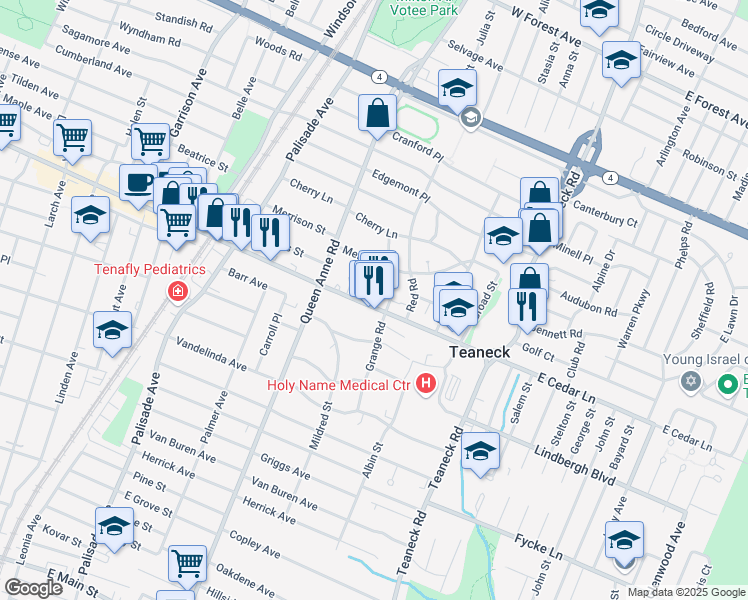 map of restaurants, bars, coffee shops, grocery stores, and more near 188 Cedar Lane in Teaneck