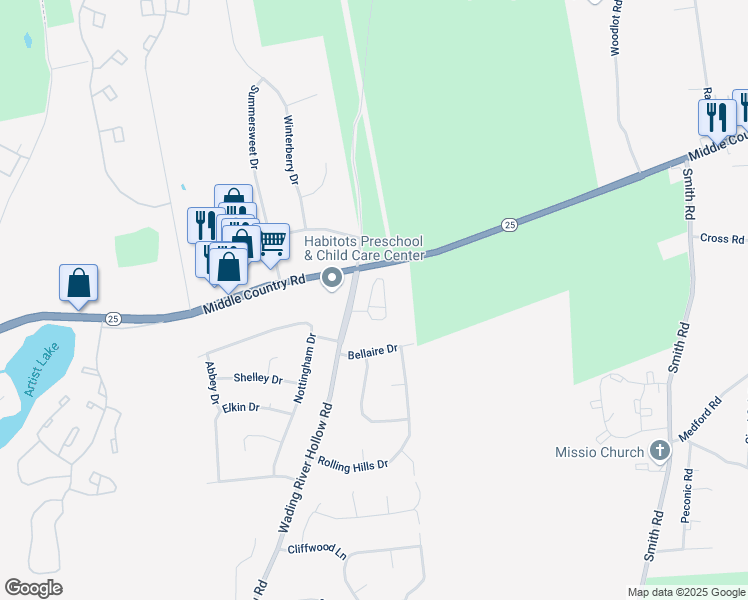 map of restaurants, bars, coffee shops, grocery stores, and more near 33 Oakridge Circle in Ridge