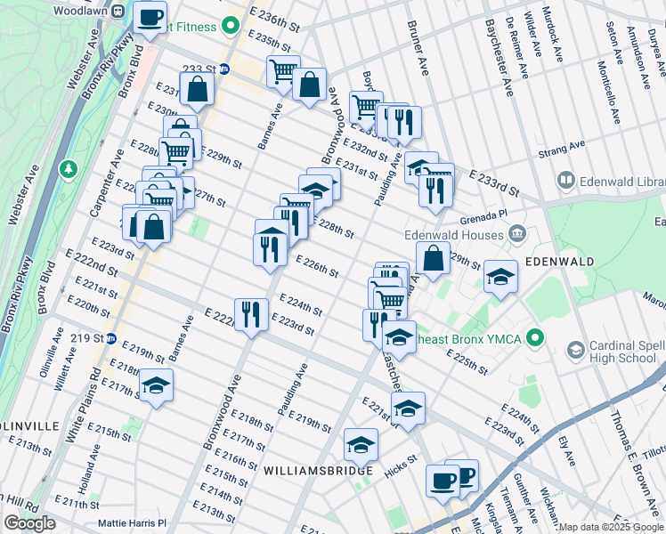 map of restaurants, bars, coffee shops, grocery stores, and more near 967 East 225th Street in The Bronx