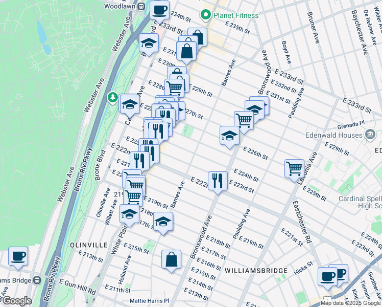 map of restaurants, bars, coffee shops, grocery stores, and more near 772 East 223rd Street in Bronx