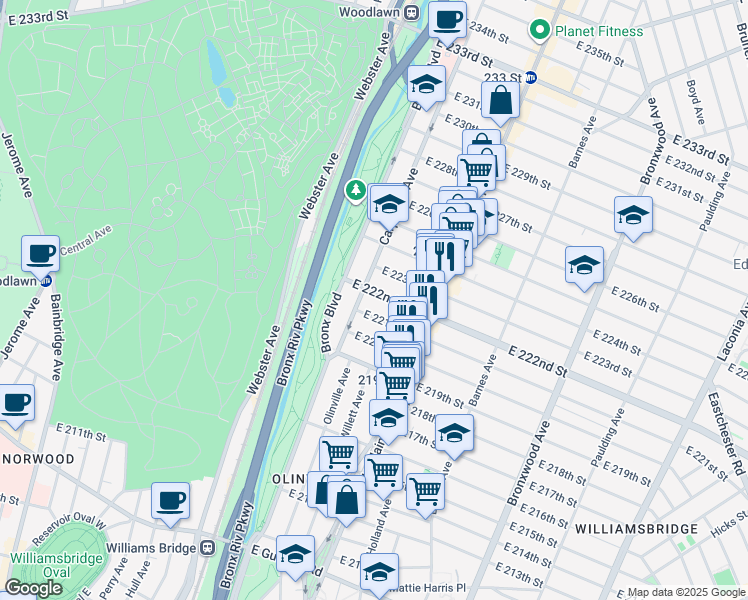 map of restaurants, bars, coffee shops, grocery stores, and more near 634 East 221st Street in Bronx