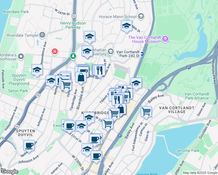 map of restaurants, bars, coffee shops, grocery stores, and more near 3631 Tibbett Avenue in Bronx