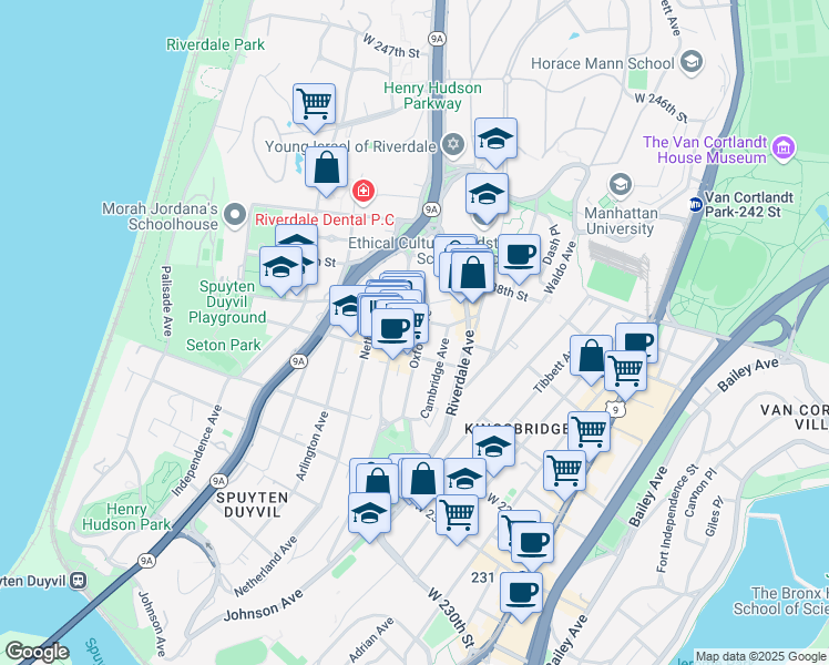 map of restaurants, bars, coffee shops, grocery stores, and more near in The Bronx