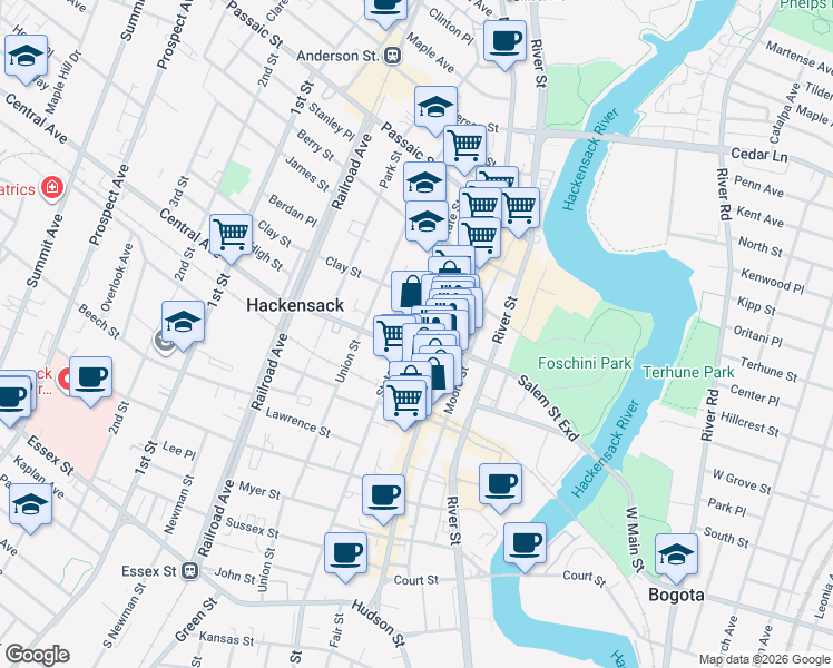 map of restaurants, bars, coffee shops, grocery stores, and more near in Hackensack