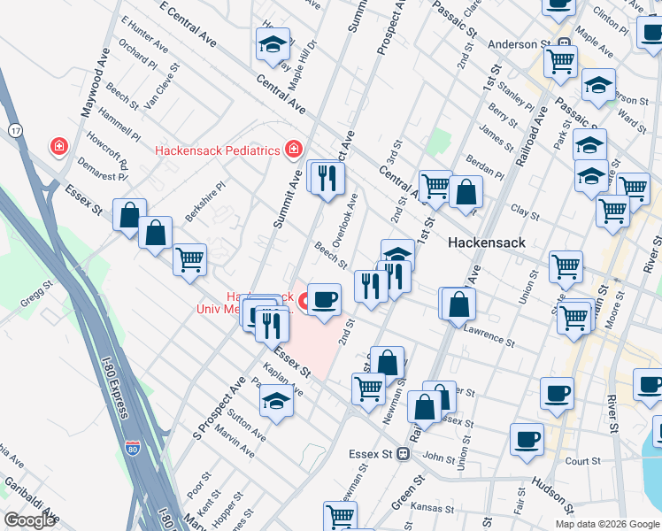 map of restaurants, bars, coffee shops, grocery stores, and more near 2ND State Street in Hackensack