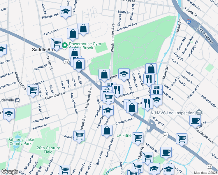 map of restaurants, bars, coffee shops, grocery stores, and more near 46 Sherman Avenue in Lodi