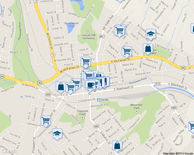 map of restaurants, bars, coffee shops, grocery stores, and more near 29 North Bergen Street in Dover