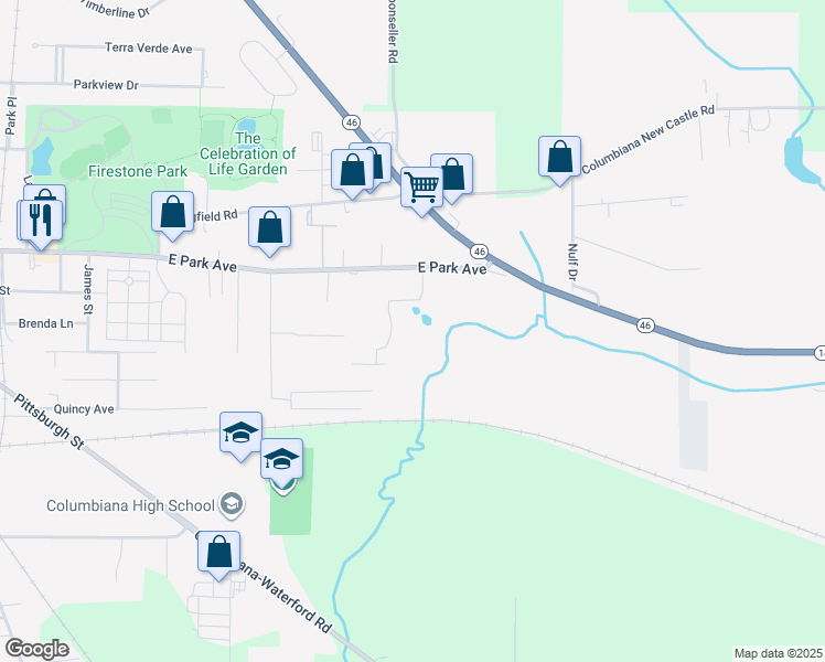map of restaurants, bars, coffee shops, grocery stores, and more near Alisha Lane in Columbiana